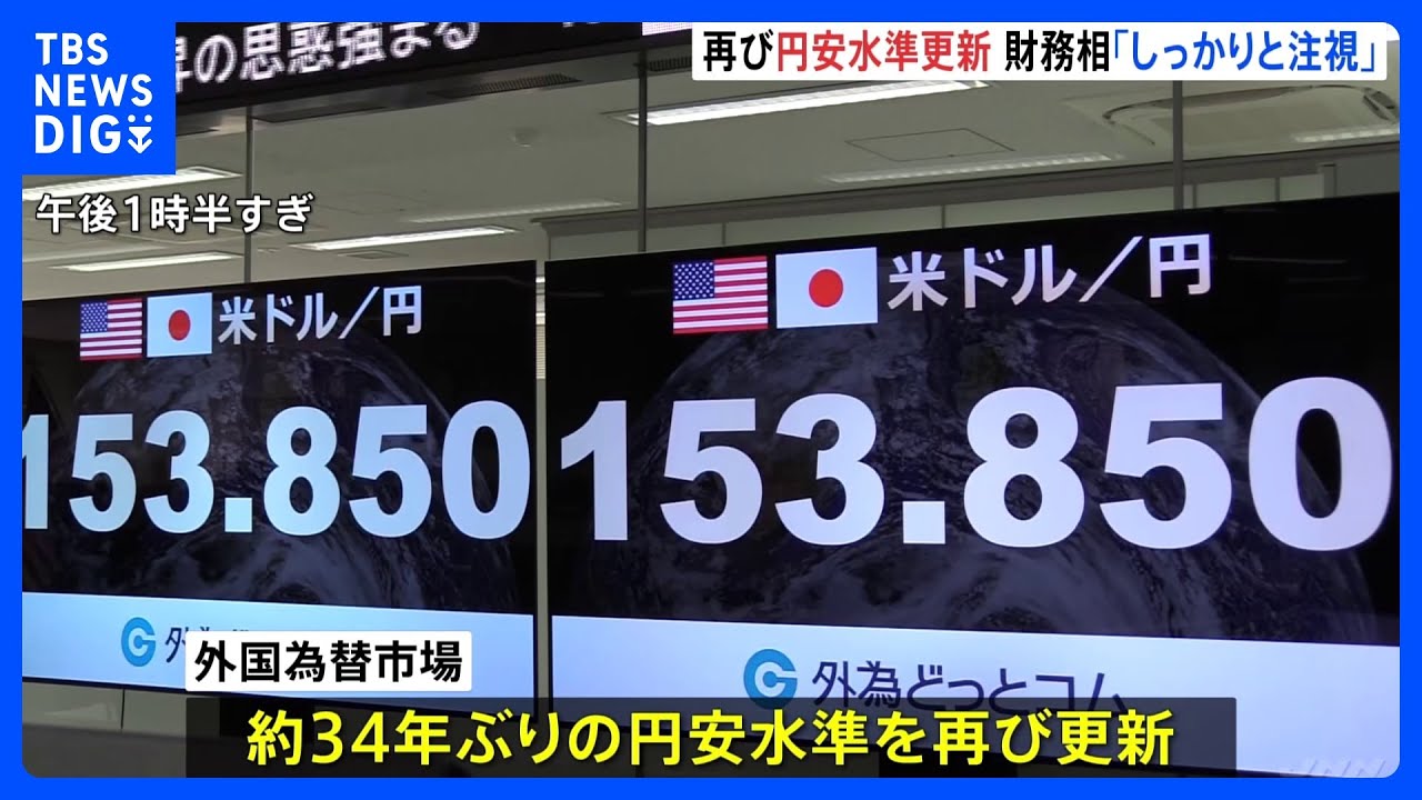 外国為替公認銀行　メタル看板　円　ドル　アメリカ　ヨーロッパ　イタリア　ドイツ 約34年ぶりの円安水準を再び更新 1ドル＝153円80銭台に｜TBS NEWS DIG