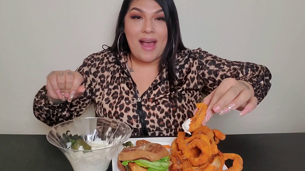 Roasted chiles dipped in ranch onion rings and chicken sandwiches