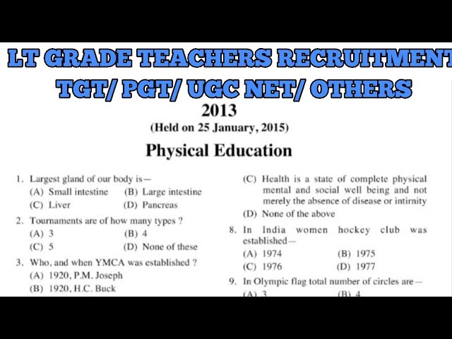 Physical Education Tgt Previous Year Paper 15 Lt Grade Tgt Pgt Ugc Net Others Youtube