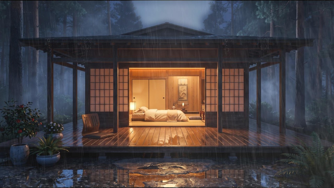 Gentle Rain on the Open Bedroom — Dark Japanese Forest Night | 12 Hours Deep Sleep