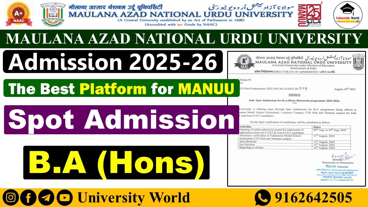 Manuu Spot Admission B.A (Hons) CUET & Non CUET 2025 | 