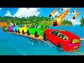 Triple Flatbed Trailer McQueen Transportation with Truck - Speedbumps vs Cars vs Train - BeamNG #81