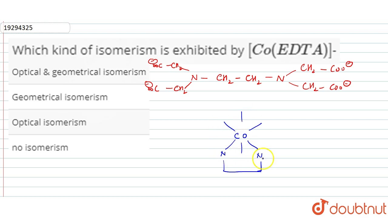 Which kind of isomerism is exhibited by `[Co(EDTA)]`-