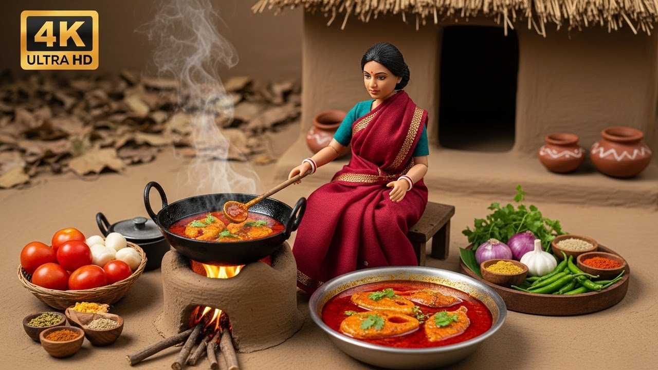 Miniature Doll Fish Tomato Curry & Roti Cooking ASMR 🐟🍅🍞 | Indian Village Tiny Kitchen Story