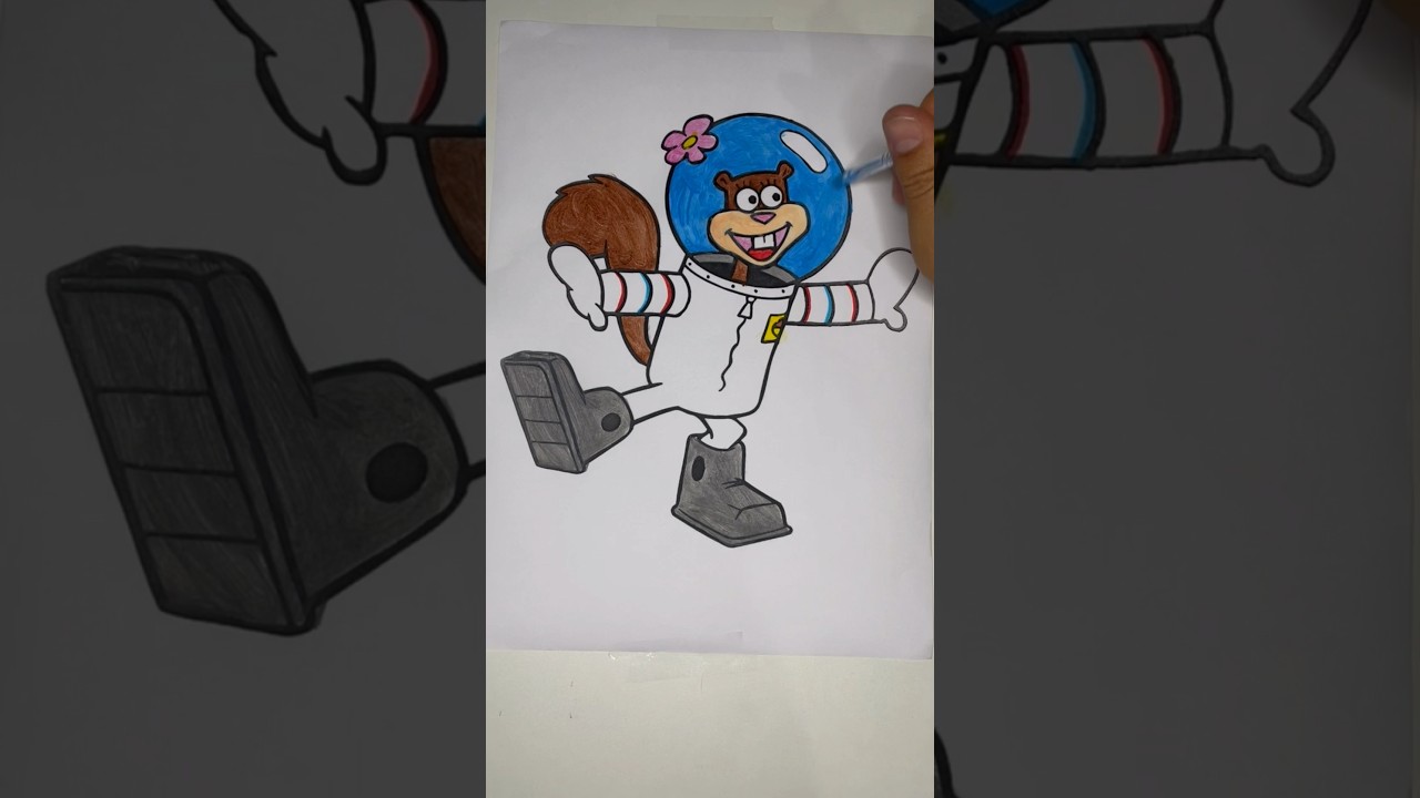 Sandy esquilo Bob Esponja desenho animado pintando desenho com tinta guache
