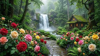 Peaceful Rose Garden in Heavy Rain 🌧️🌹 | Waterfall & Rain Sounds for Sleep 4K