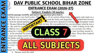 Class 7 entrance exam question paper of all subjects 2026-27 | Dav paper Zone | 2026-27 |
