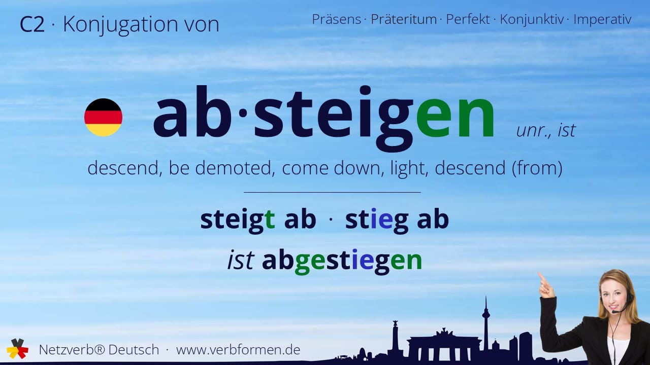 Konjugation Verb „absteigen“ (unr., ist) - alle Zeitformen, Lernvideo ...