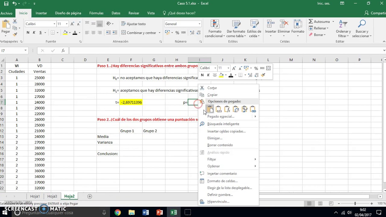 t de Student. Diferencias de medias entre dos grupos (Excel)