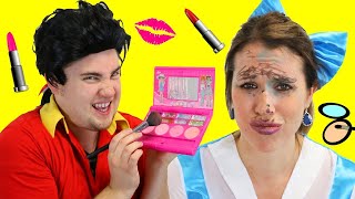 BEAUTY AND THE BEAST MOVIE MAKEUP FAIL!!! Gaston vs Belle Blindfold Makeover Dress Up DisneyCarToys