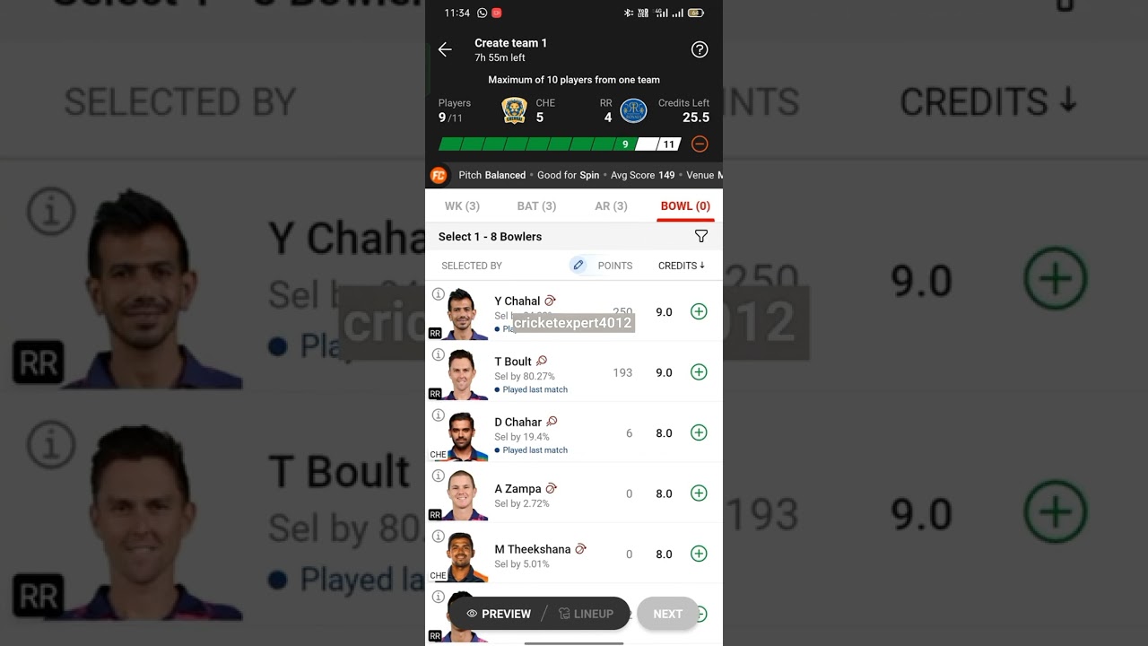 CHE vs RR dream11