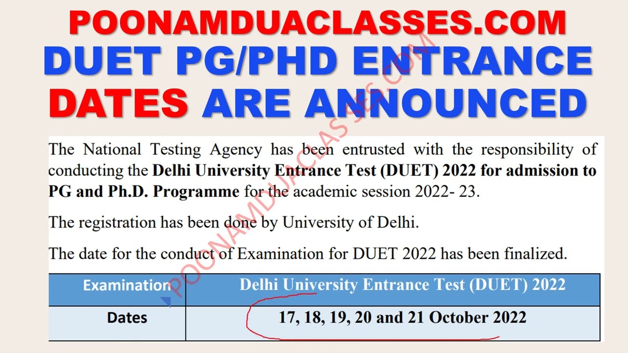Duet PG 2022 Dates are announced Delhi University MA PHD Entrance Exam update Pdf of Notice