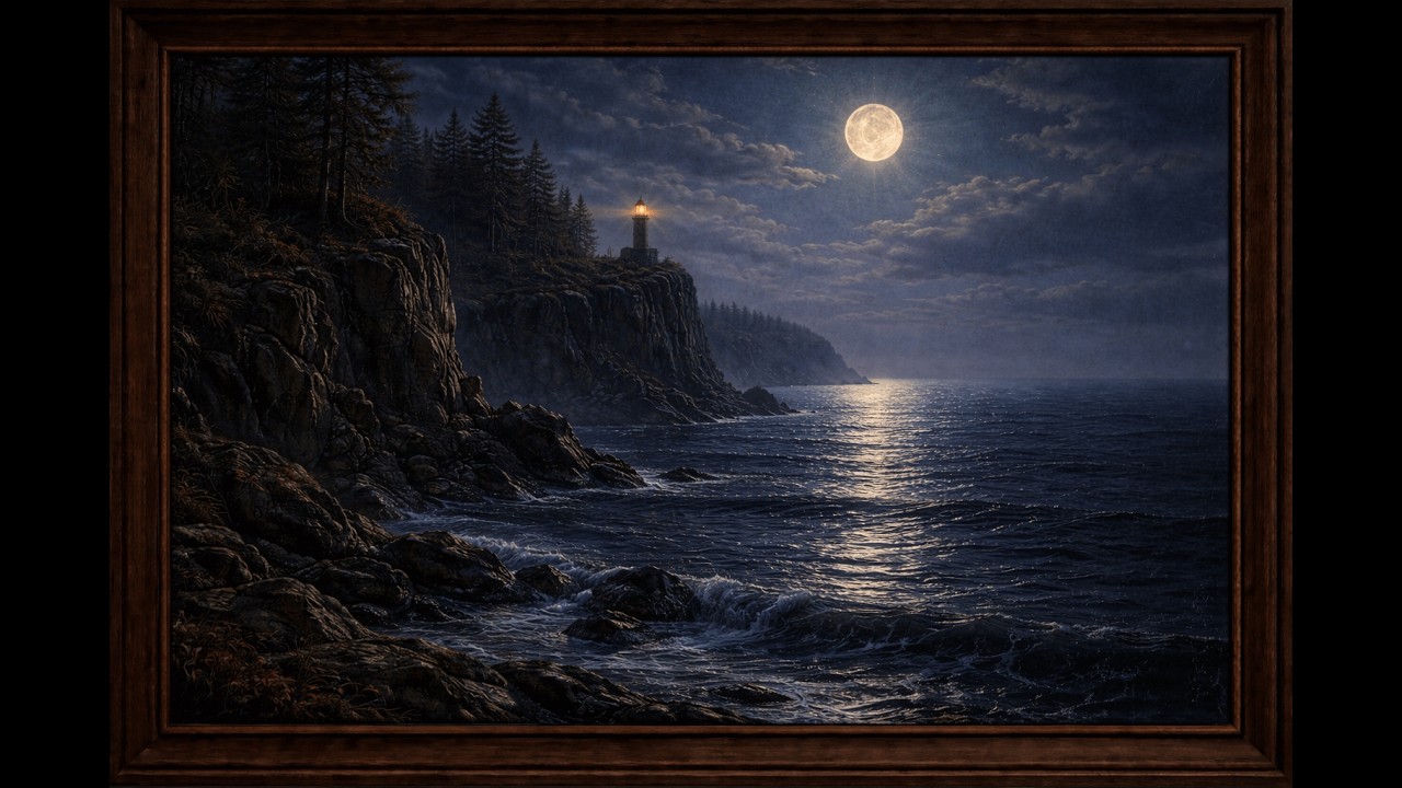 4 Hour 4K Art Screensaver for TV | Moonlit Lighthouse on Coastal Cliffs ...