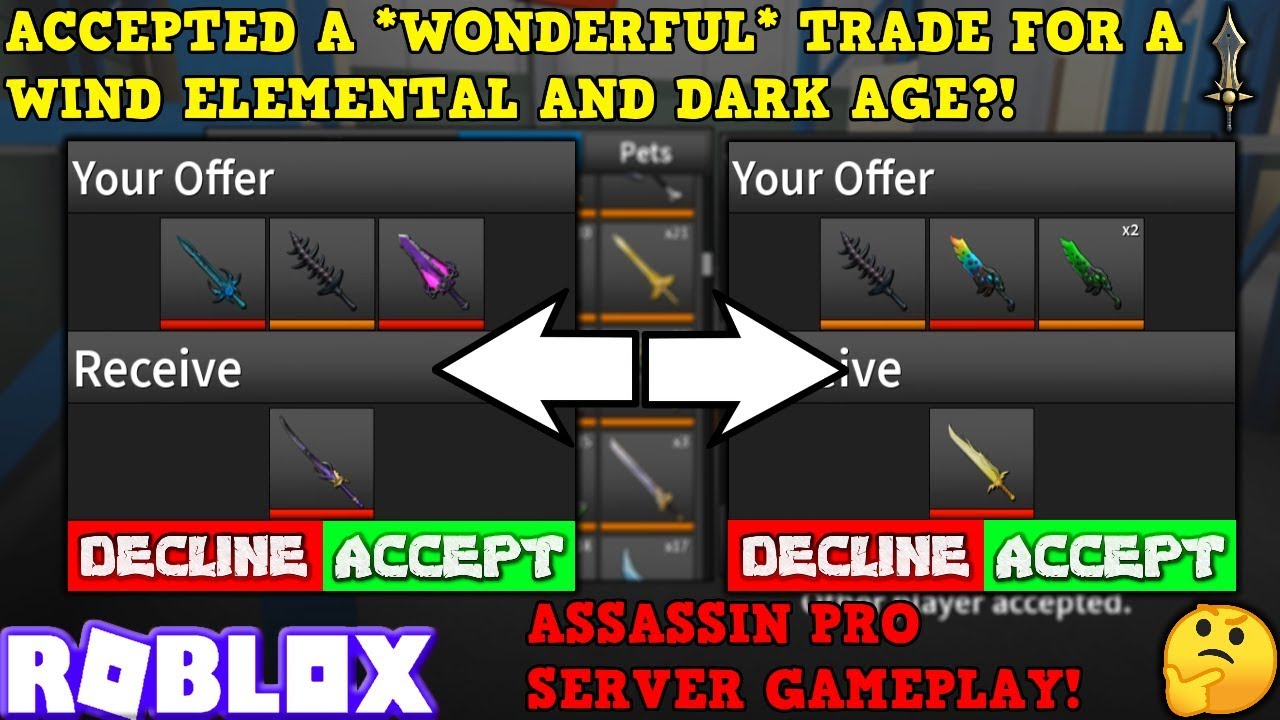 Got Offered A Wonderful Trade For Wind Elemental Dark Age Roblox Assassin Pro Server Gameplay Youtube - assassin trading server roblox john