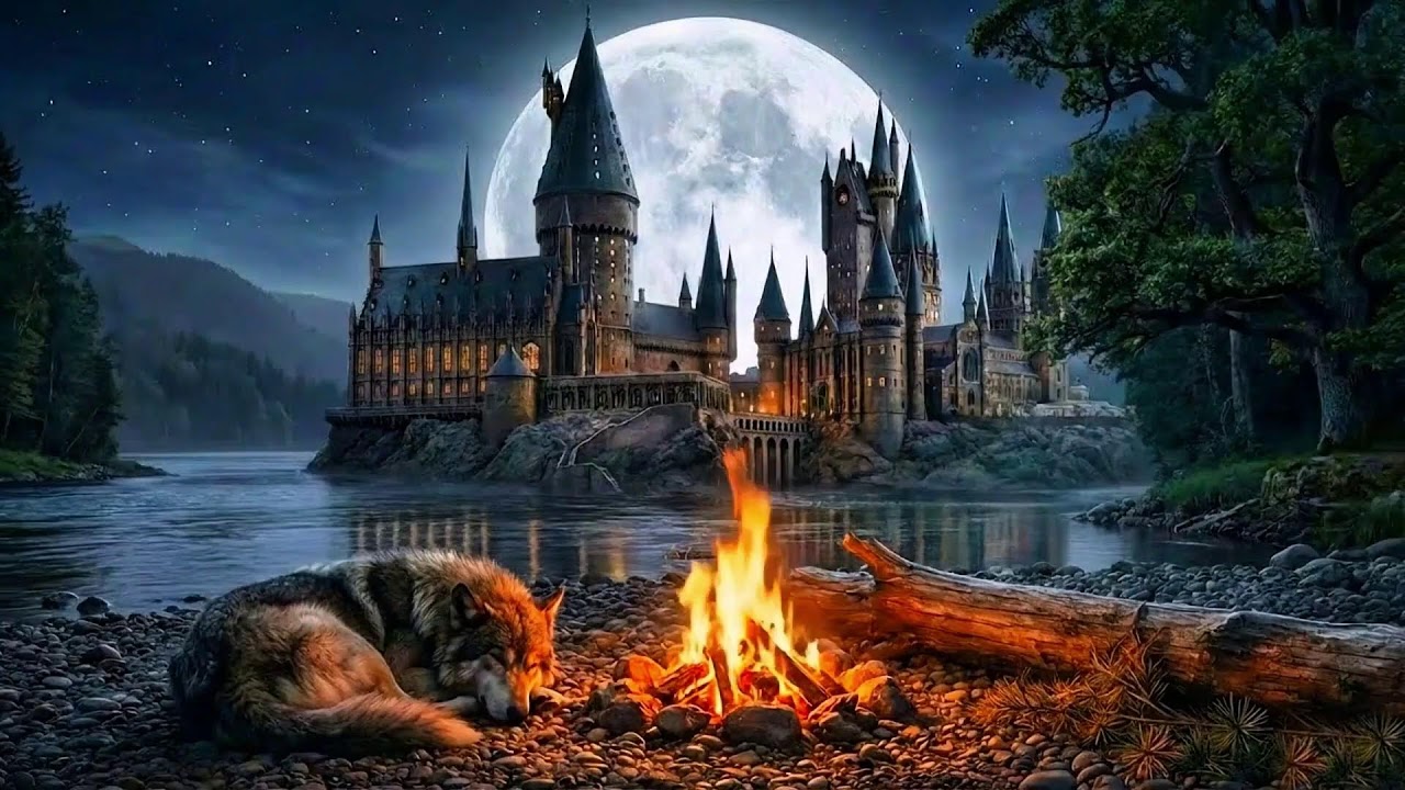 Magical Night Ambience: Wolf Sleeping by Campfire & Fantasy Castle | River & Fire Sounds ASMR