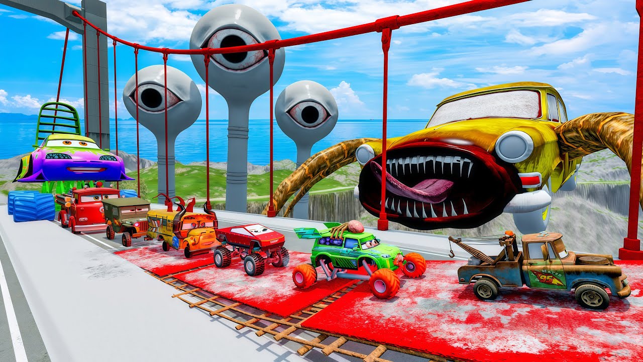 ALL MONSTERS Big & Small Cars vs Broken Bridge with CAR EATER & WATER EYE TOWER  BeamNG.Drive
