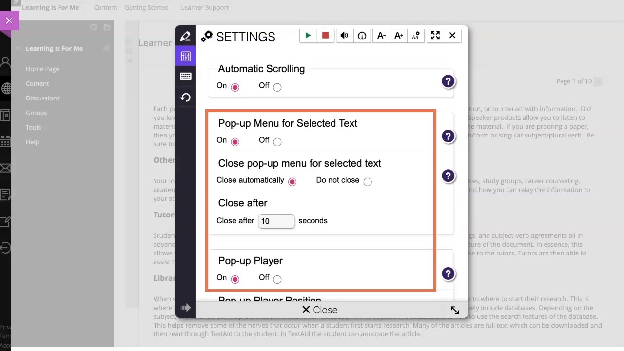 Blackboard Learn 9.1: webReader Settings