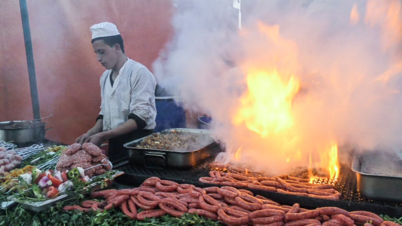 The Flaming Grills of Marrakech. Street Food of Morocco. Jemaa el-Fna Square