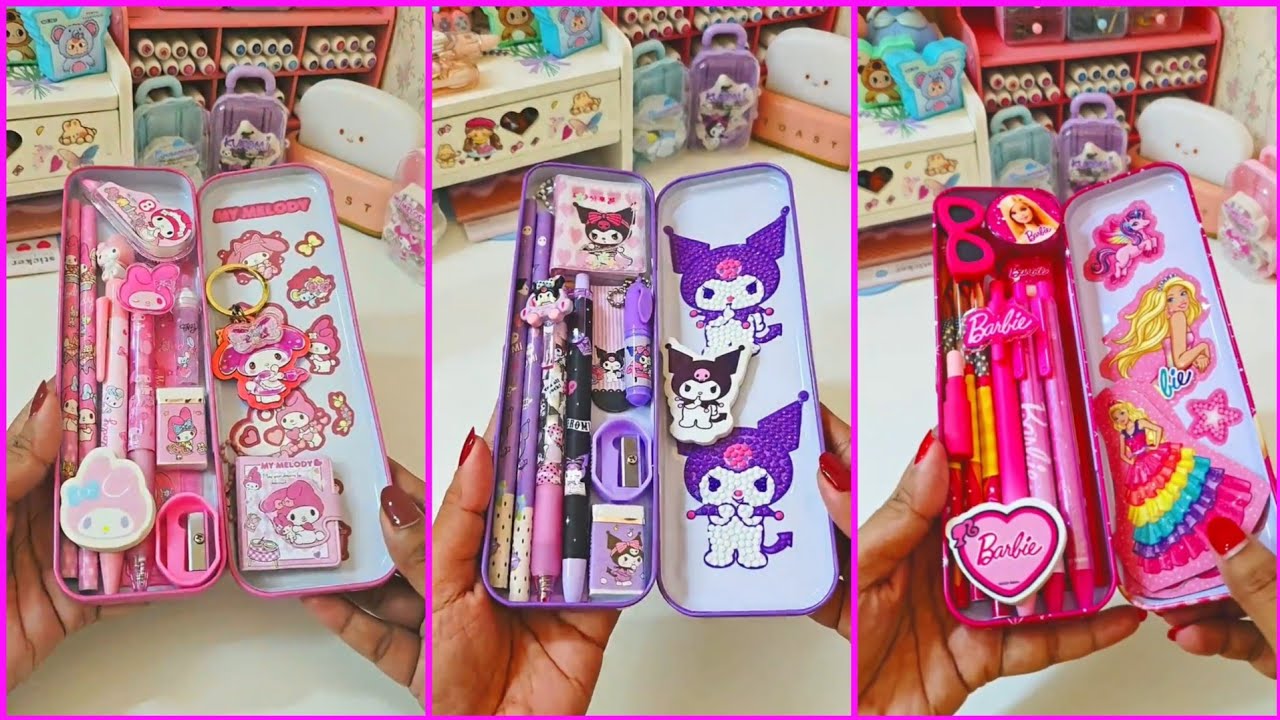 Filling my pencil box with sanrio disney stationery ✨️💗💜 Mymelody 💖 Kuromi 😈 Barbie 🎀 new stationery