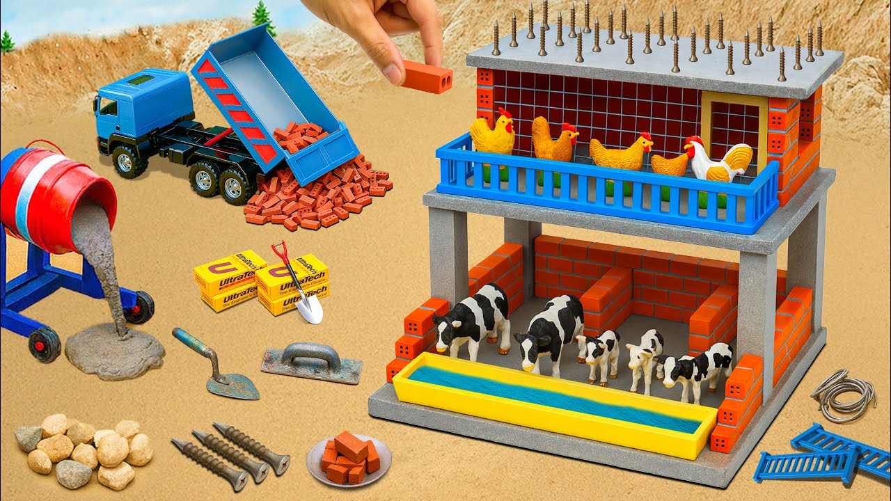 DIY Mini Truck Builds a 2-Story Brick Cow Shed with Protective Netting After Monster Attack