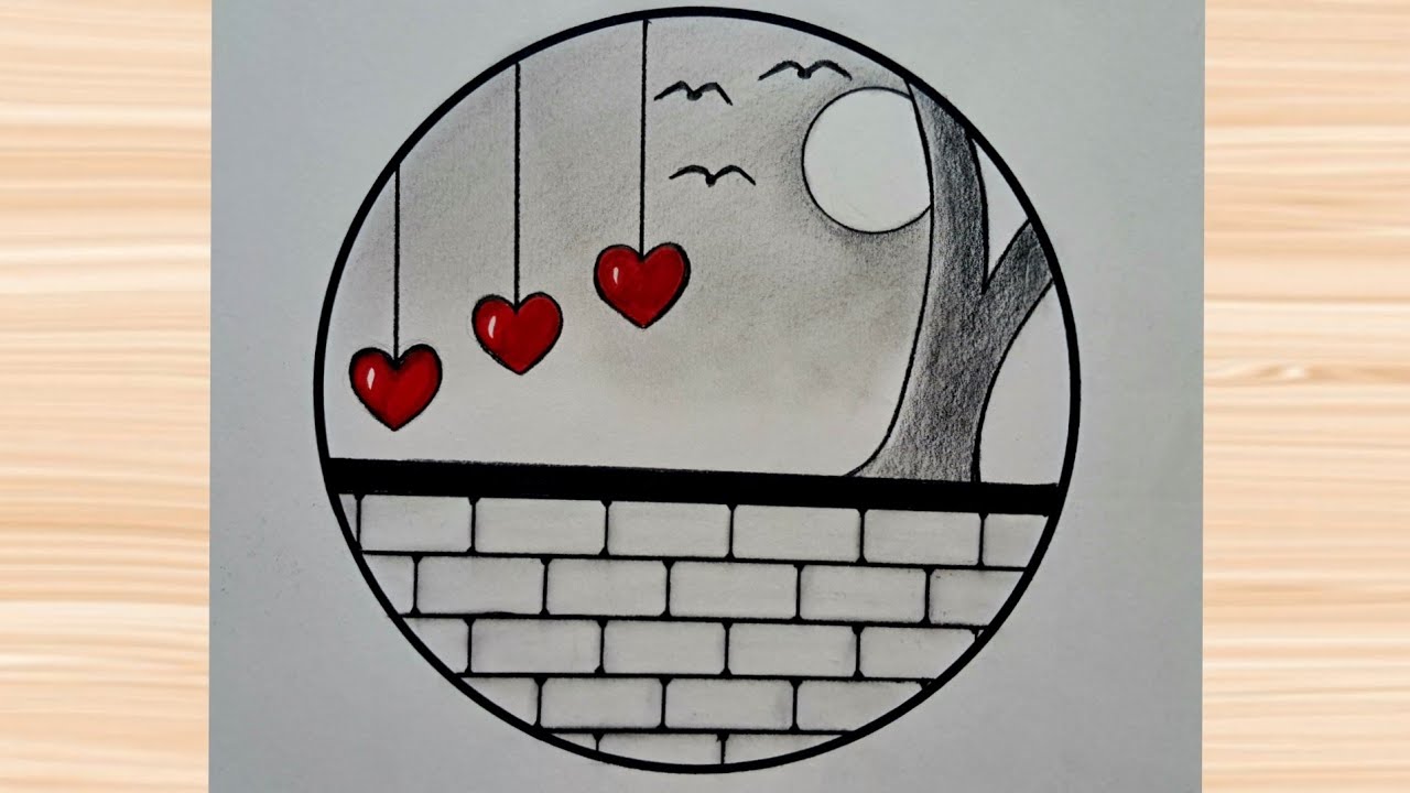 Circle Scenery drawing easy | Pencil sketch drawing for beginners | beautiful heart scenery drawing 