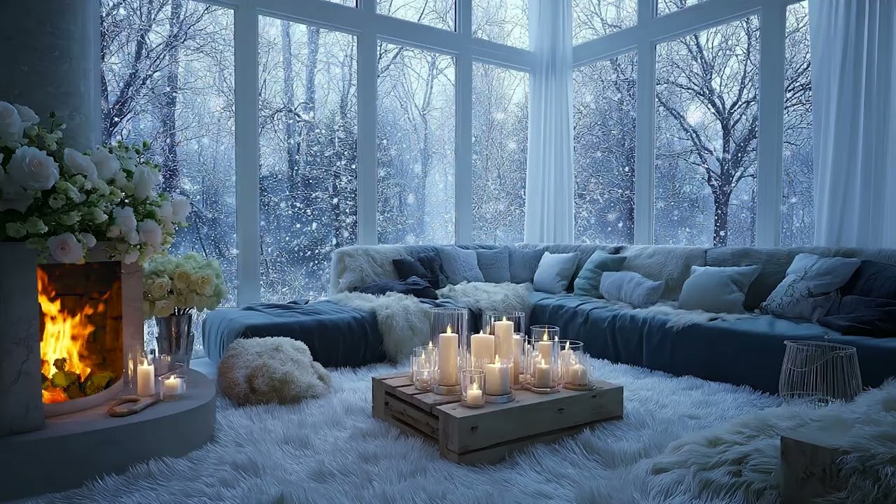 Snowstorm Outside the Cozy Living Room ❄️ Fireplace Crackling Sounds for Deep Sleep and Relaxation