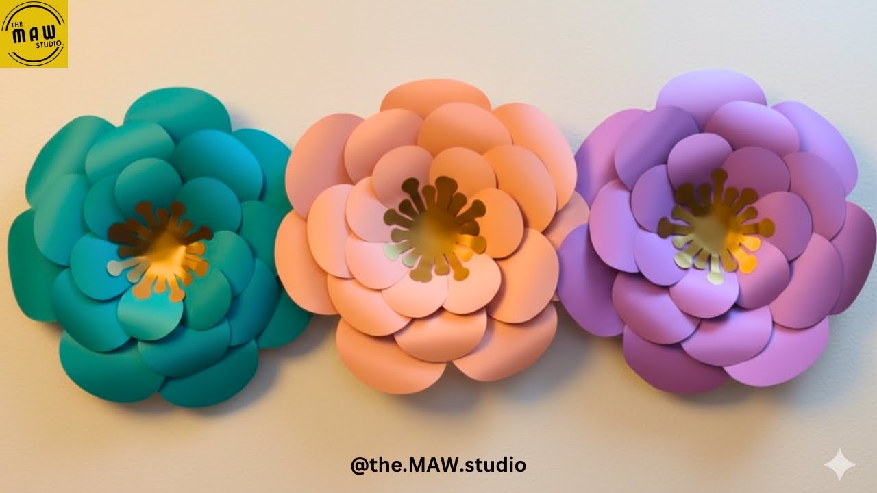 giant wall flower backdrop display with multiple foam blooms arranged on a living room wall