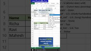 Convert function in Excel | Kg to gram , Meter to Kilometers, Inch to CM  in Excel #msexcel