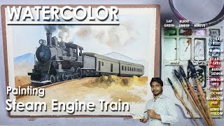 Watercolor Steam Engine Train Painting step by step