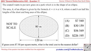 2003 General Maths HSC Q11 Find area of ellipse (Oval) with given major & minor diameters