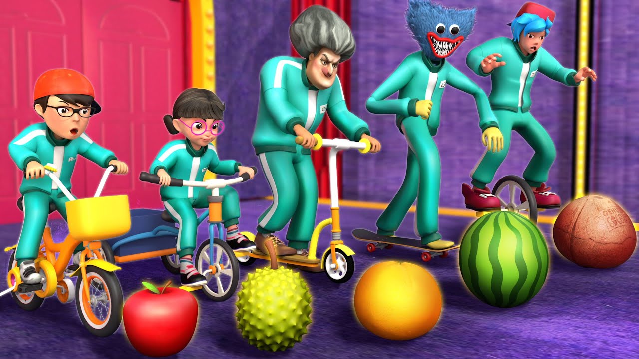 Scary Teacher 3D vs Squid Game | Conductor Frutal: Bicicleta de Ruedas Lentas | VMAni Funny