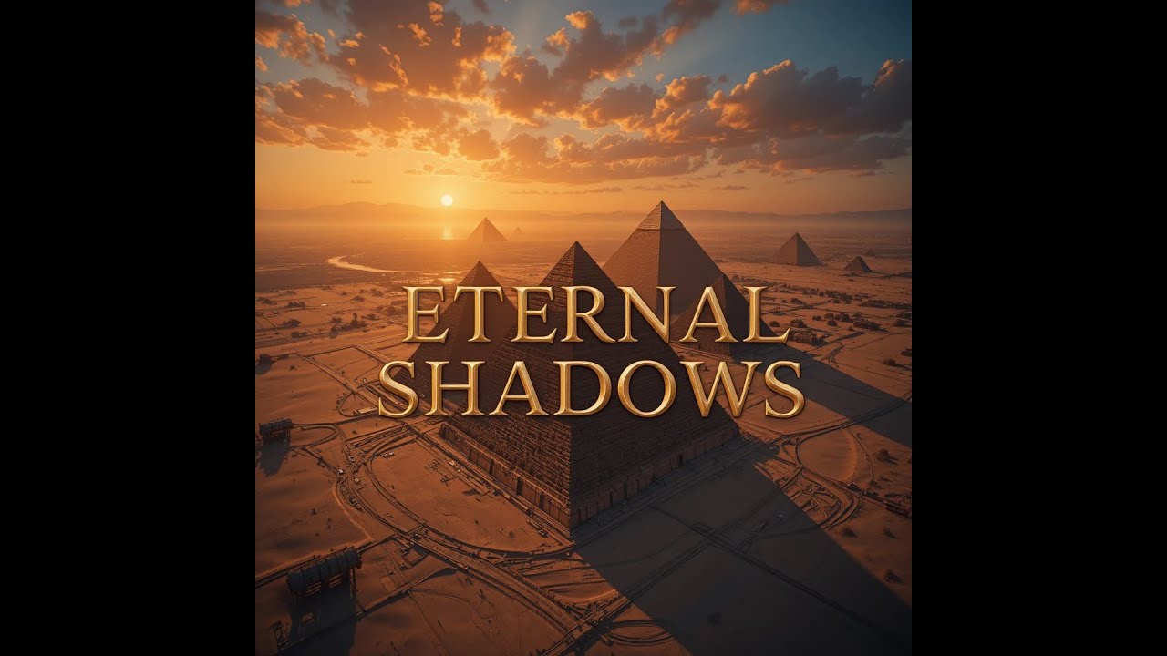 Sunrise over the pyramids casting massive triangular shadows across the desert and Nile.