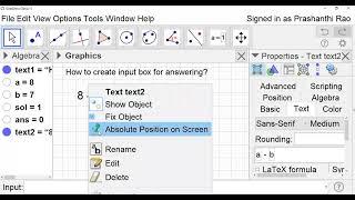 Class-23: How to create input box for answering in GeoGebra