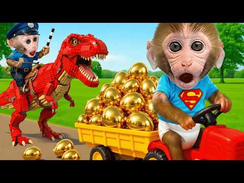 Baby Monkey Bonbon carries golden eggs in his tractor and a police officer arrives 🥚🦖 | Bonbon an...