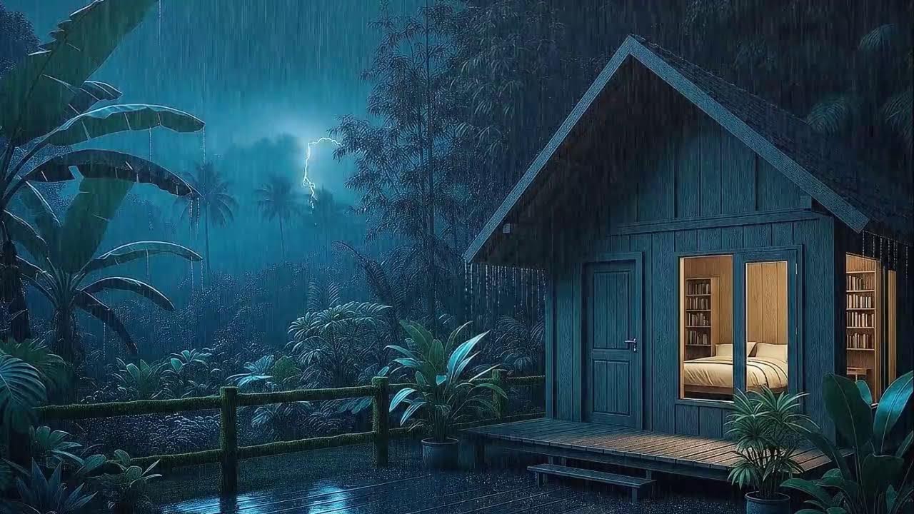 Rain and Distant Canopy Thunder Smooth Rest in a Secluded Tropical Cabin 🌧️