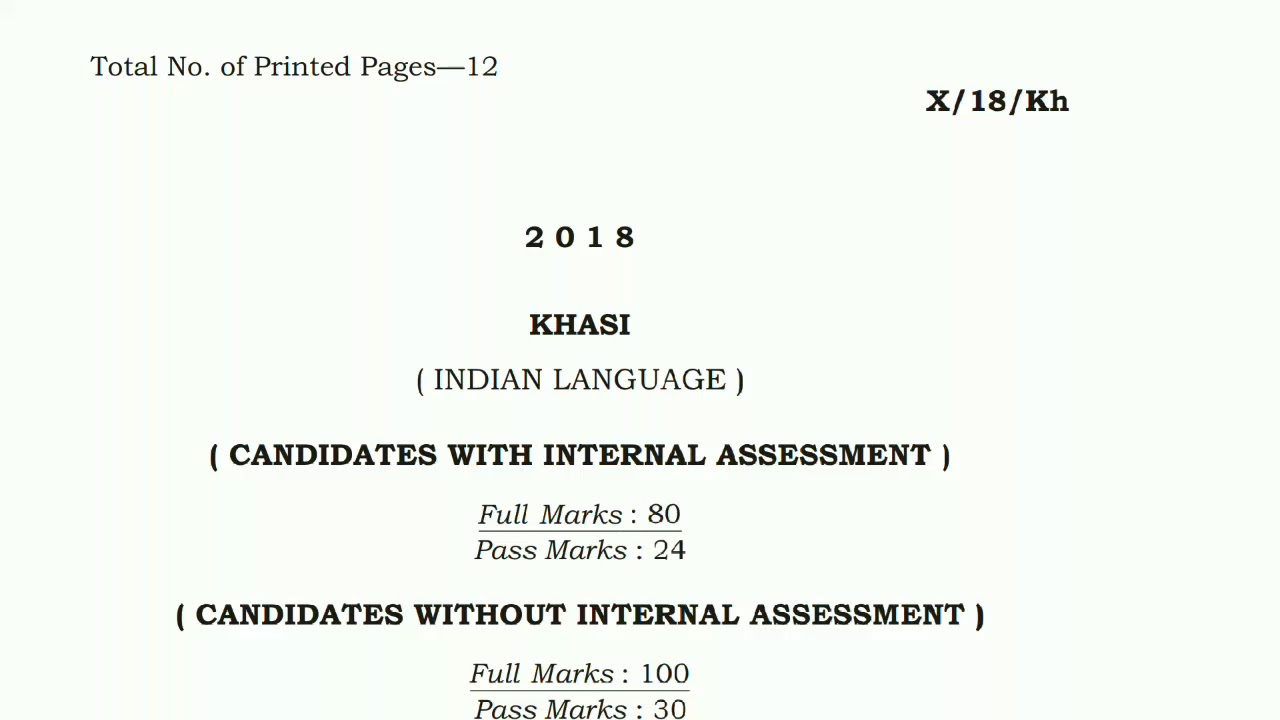 MBOSE Khasi Question Paper Class 10 [2018]