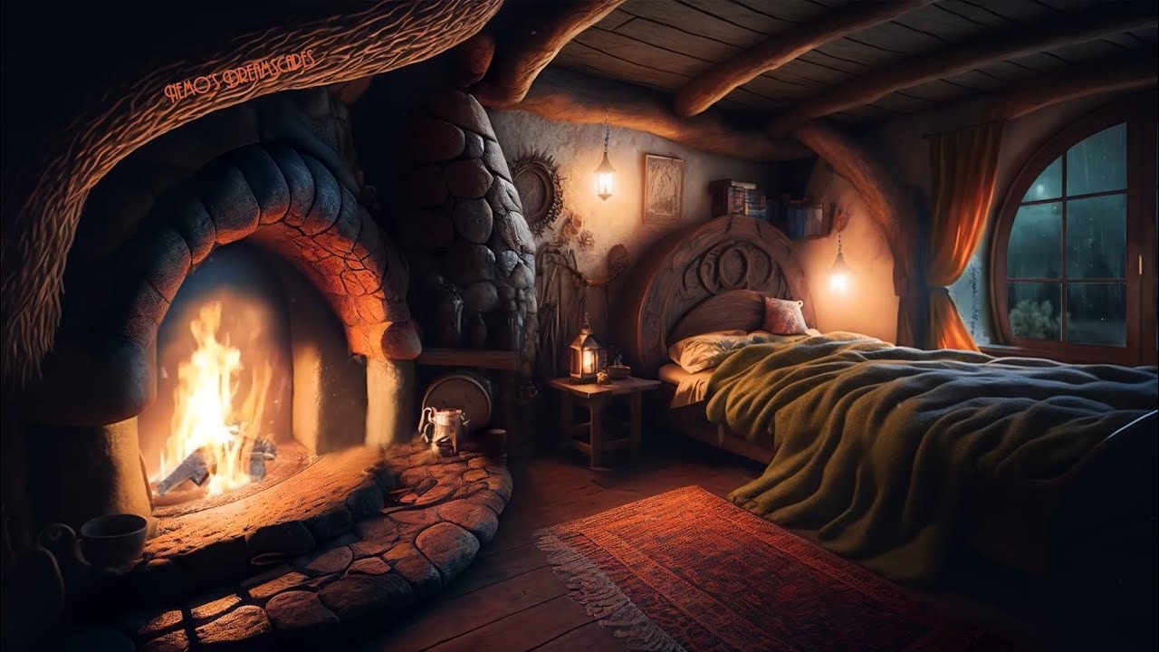12 Hours Cozy Hobbit Bedroom Fireplace | Rain Outside, Warmth Inside
