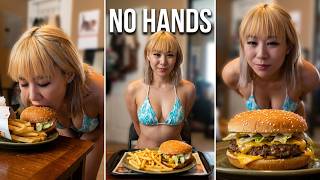 This Is How A Female Model In A Bikini Looks Eating A Burger And Fries With No Hands 4K