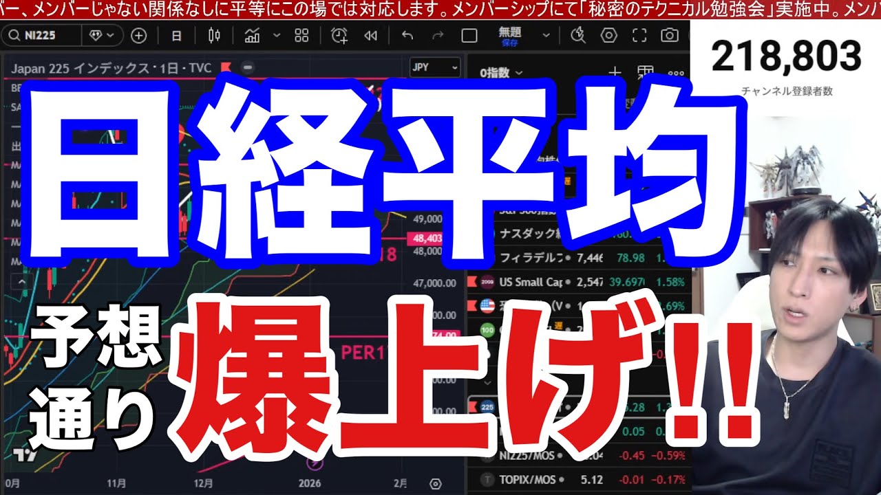 1/6【日経平均は予想通り爆上げや‼️日本株下落警戒ポイントはどこ❓】ドル円156円で円安。米国株、ナスダック、半導体株強い。仮想通貨ビットコイン上昇