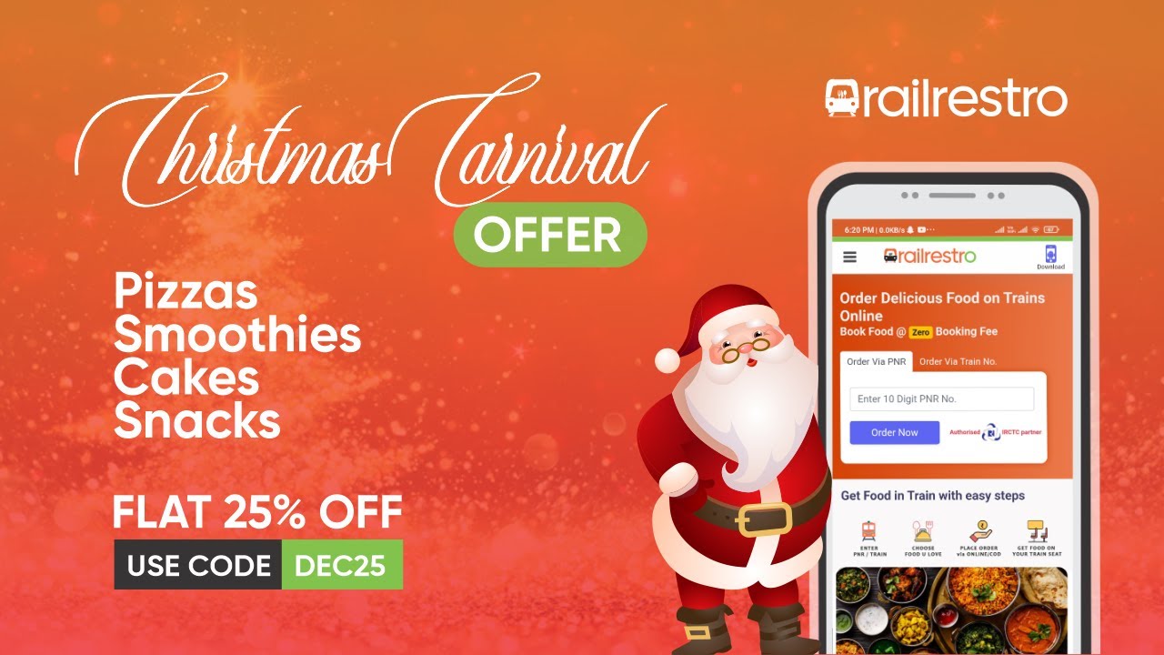 "RailRestro's - Christmas Carnival Offer" Flat 25% Off on Pizza, Cakes, Snacks & Smoothies