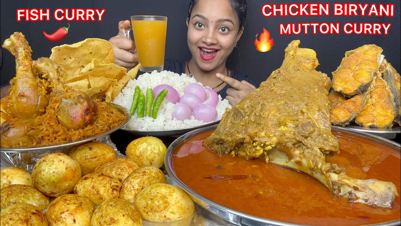 ASMR🔥BIG LEG MUTTON CURRY , CHICKEN BIRYANI, FRIED FISHES, ROASTED EGG WITH BASMATI RICE 😋🌶️ EATING