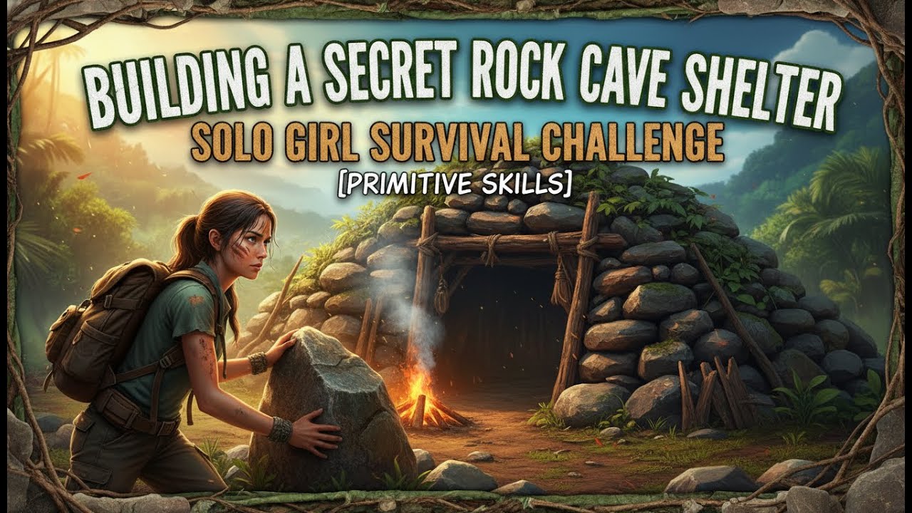 Building a Secret Rock Cave Shelter: Solo Girl Survival Challenge [Primitive Skills]