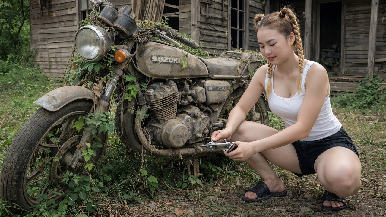 Timelapse : The girl repairs a classic motorcycle and installs electrical systems for the family