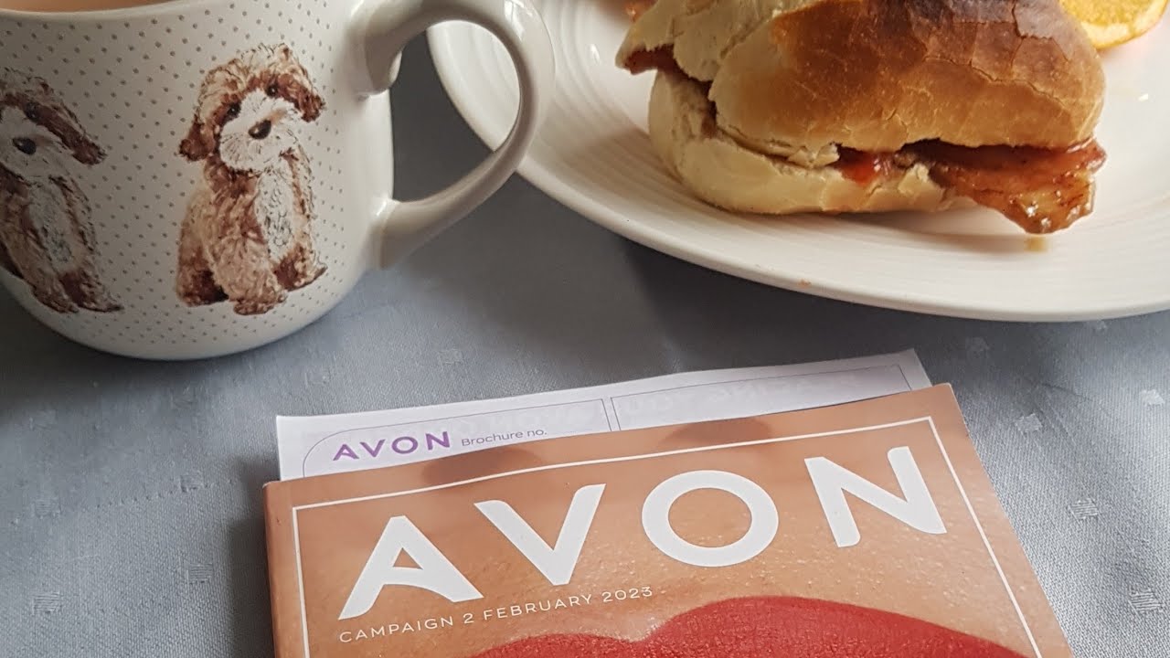 AS REQUESTED ORDERING AVON PRODUCTS EATING A BACON ROLL AND FRUIT 🥓🍊📖✏