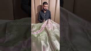 Search Code- TSS-317 Neon Green Shade Glass Tissue Silk Banarasi Saree with Embossed Floral