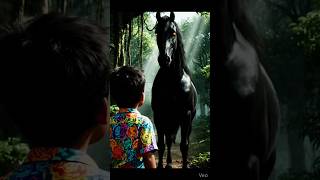 cute baby give his mother A beautiful black Horse🐴