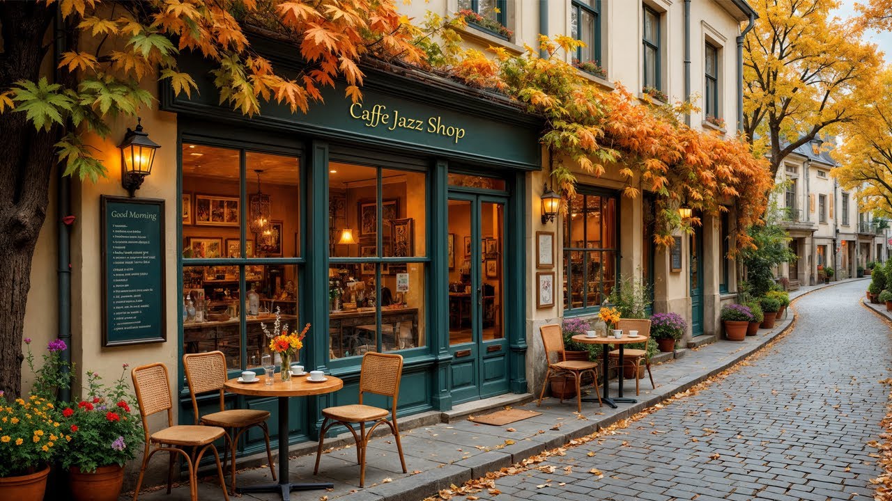 Outdoor Autumn Vibes 🍂 Warm Cafe Ambience with Smooth Jazz Music for Study and Work