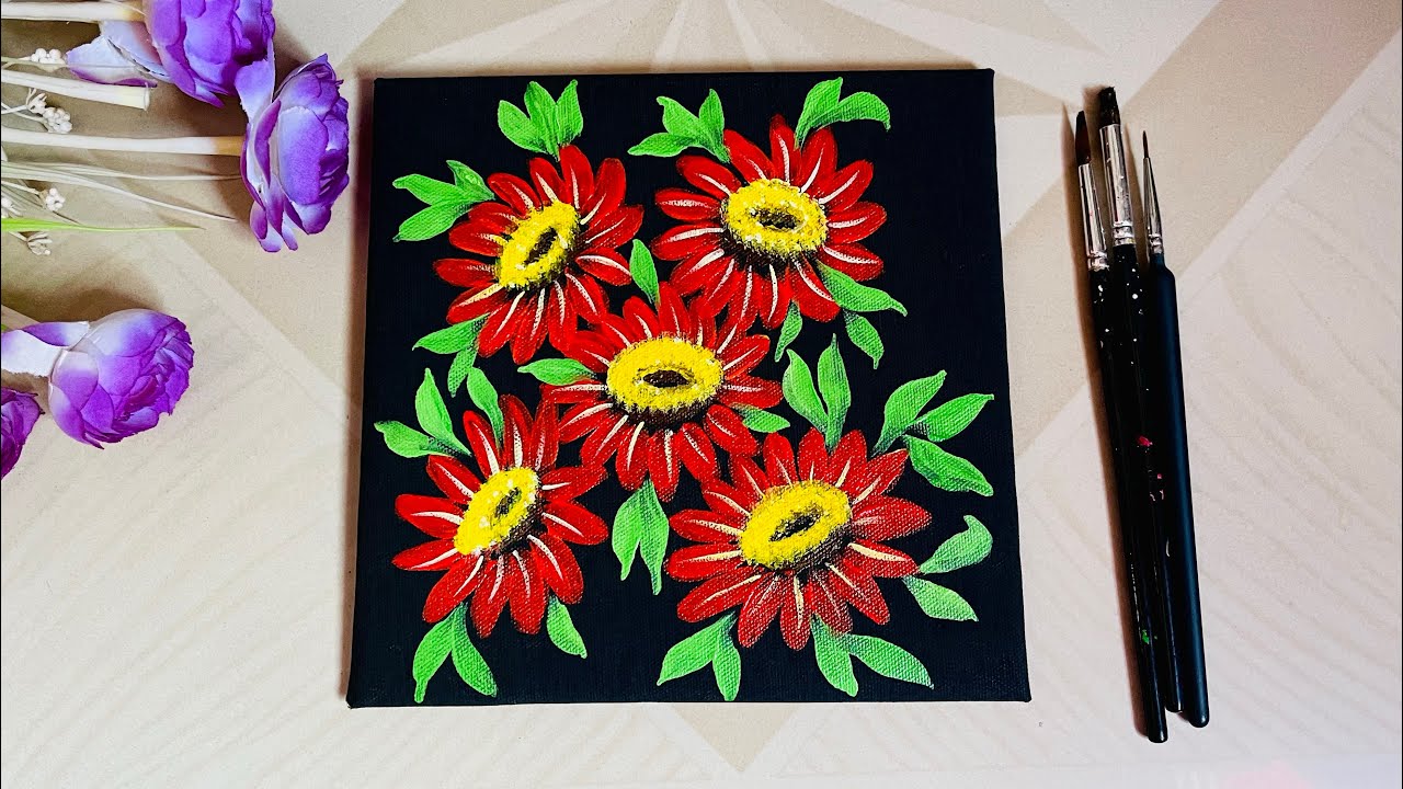 Red Flowers Painting on Black Canvas, Easy One Stroke Flowers Painting