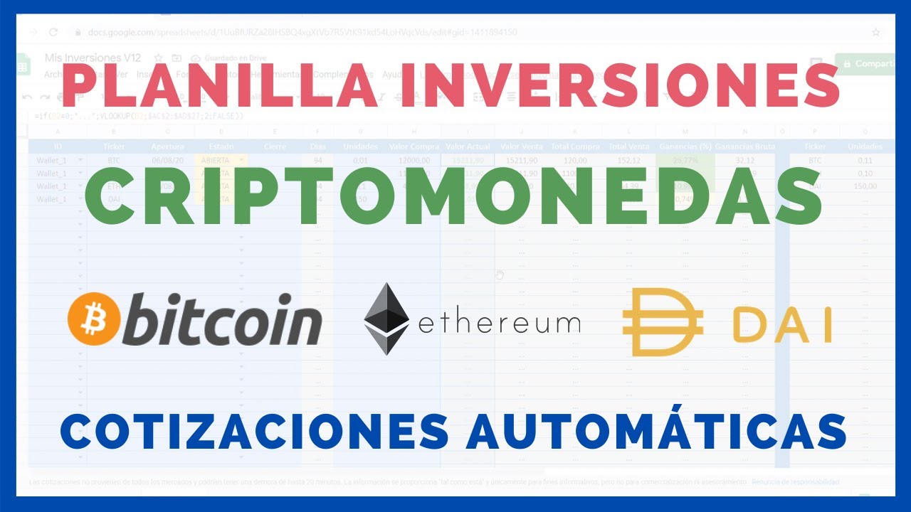 📈 PLANILLA de INVERSIONES 🔥 CRIPTOMONEDAS 💲 Cotizaciones Automáticas  (BTC, ETH, BCH, LTC, DAI, ..) ✅
