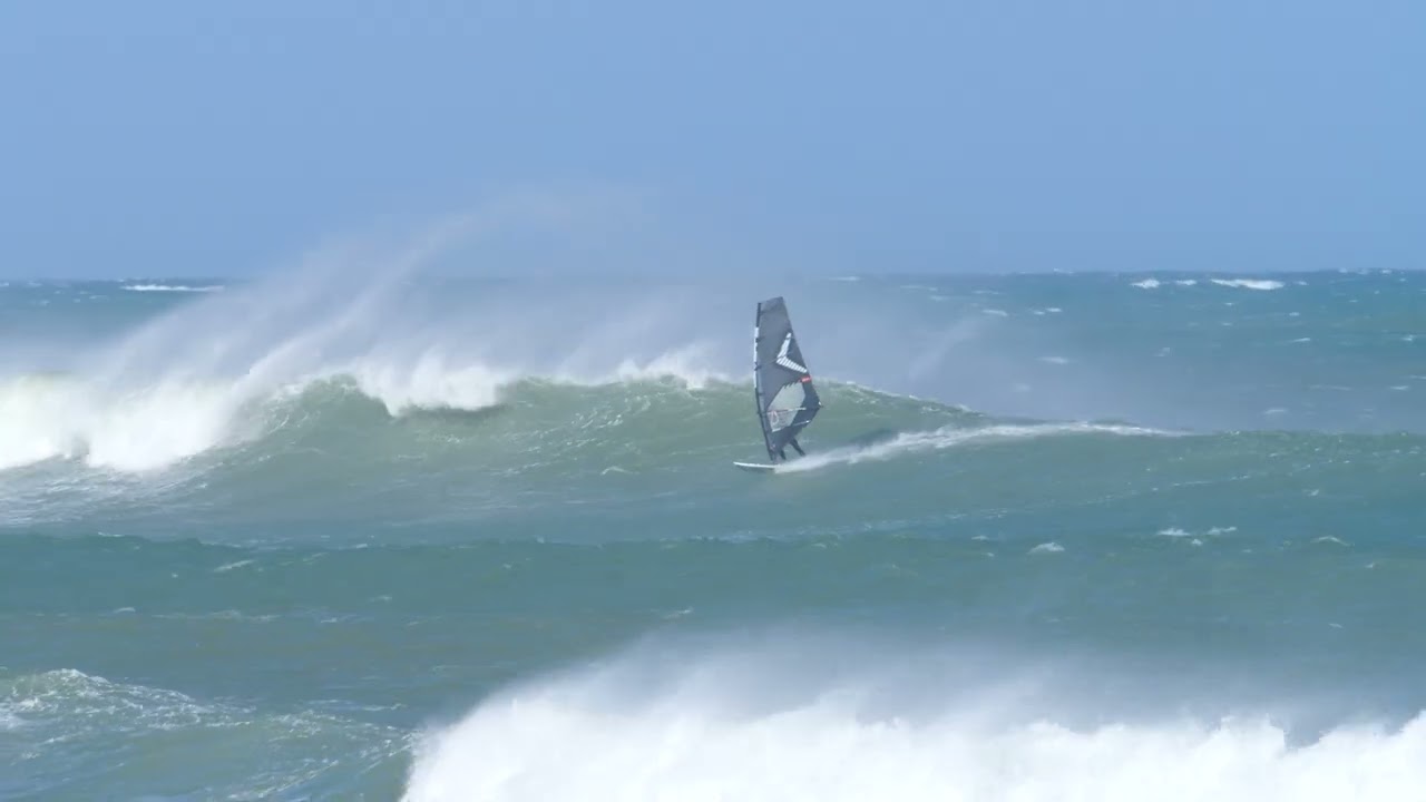 Extreme windy windsurfing at Kina Road and Pungarehu, Taranaki, New Zealand